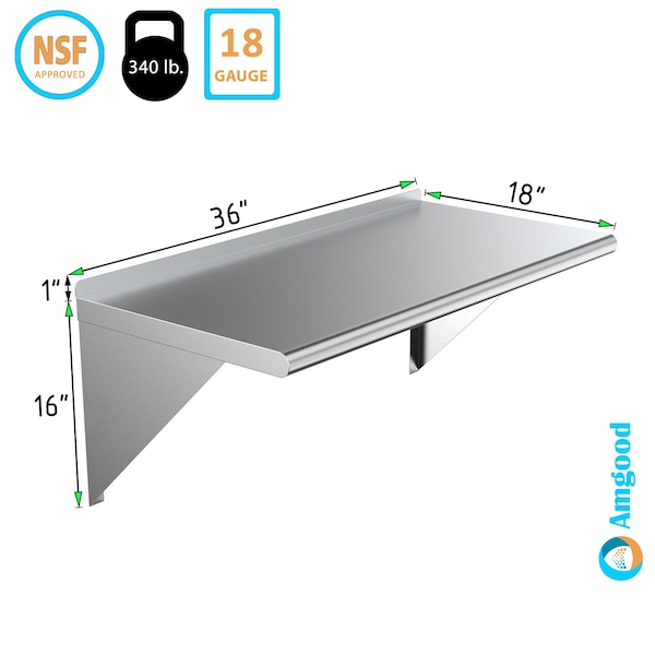 Stainless Steel Wall Shelf, 36 Long X 18 Deep